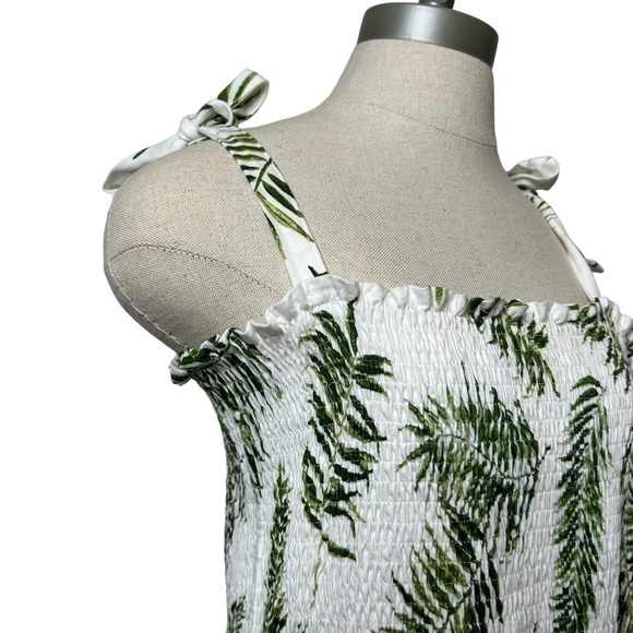 H&M Green White Camisole Top With Smocking Palm Tree Tropical Print Size Large - Picture 3 of 9